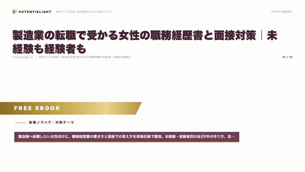 製造業の転職で受かる女性の職務経歴書と面接対策｜未経験も経験者も eBook表紙